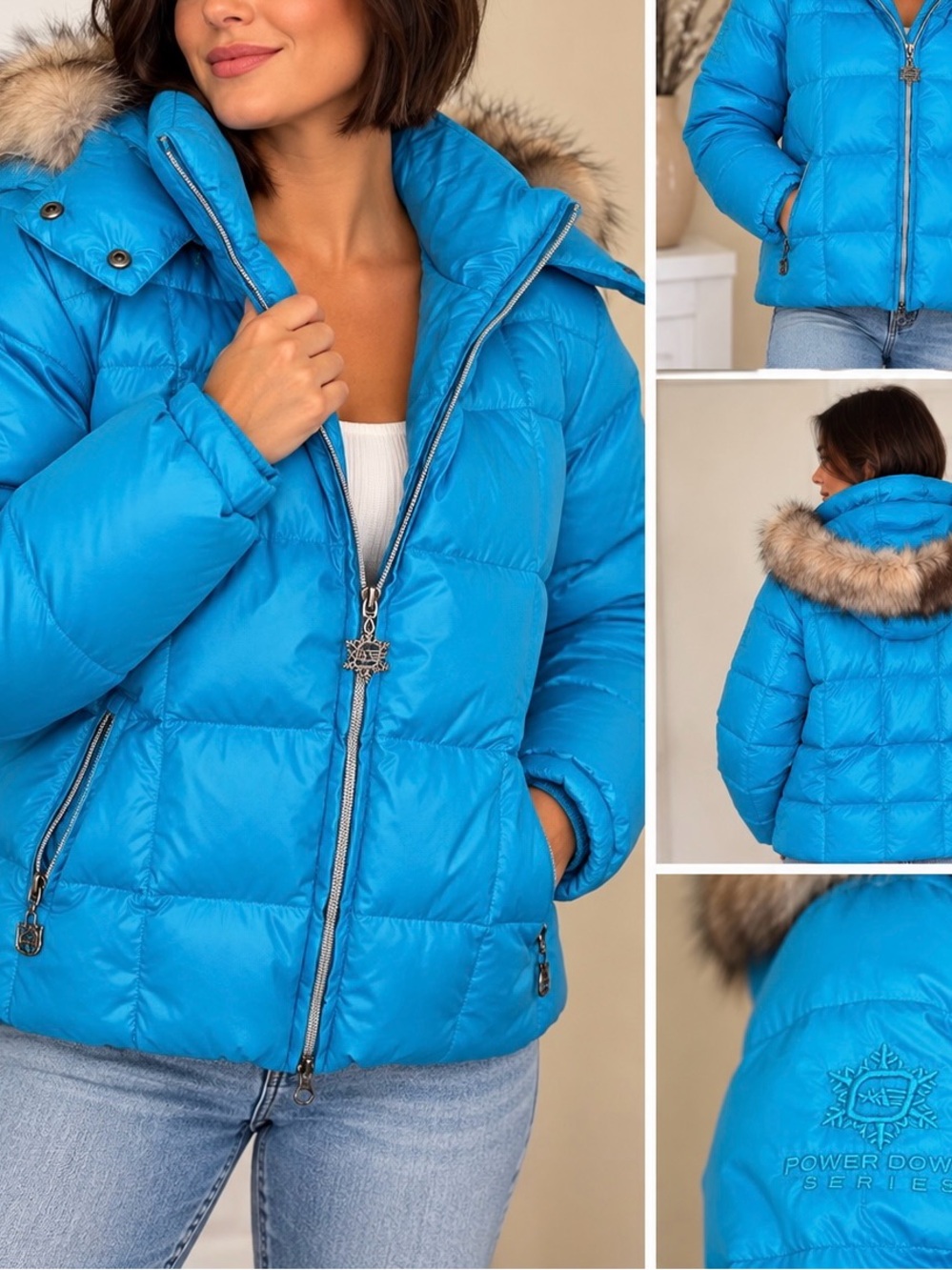 Free Country Bright Turquoise Blue Puffer Jacket with Faux Fur Trim